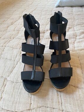 Steve Madden Black Cork Espadrille Wedges